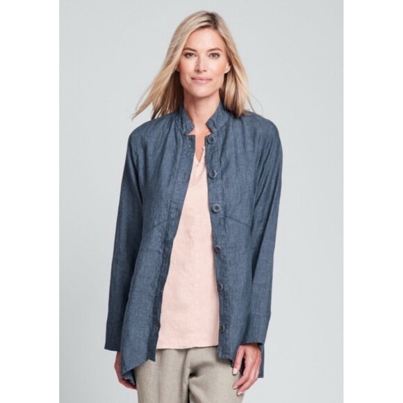 FLAX Designs Large 100% Linen Lagenlook Globetrotter Button Up Jacket Dark Denim - Picture 2 of 11